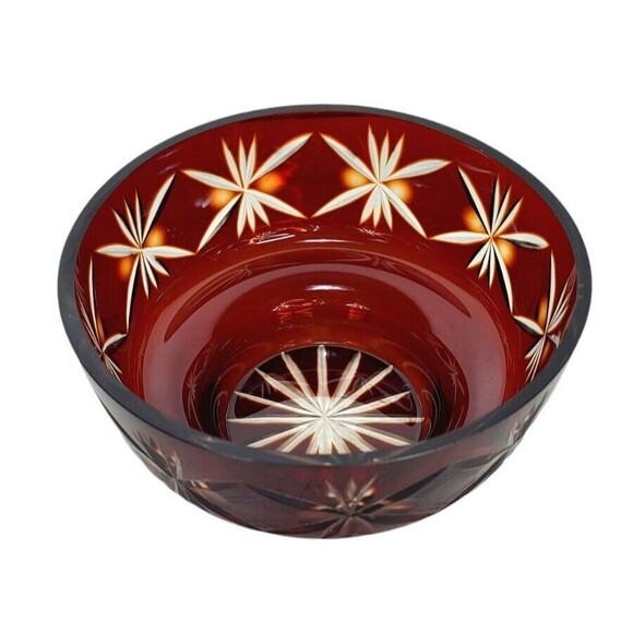 VTG Faberge Ruby Red To Clear Diamond Cut Crystal Starburst Atomic Pedestal Bowl - Picture 12 of 13